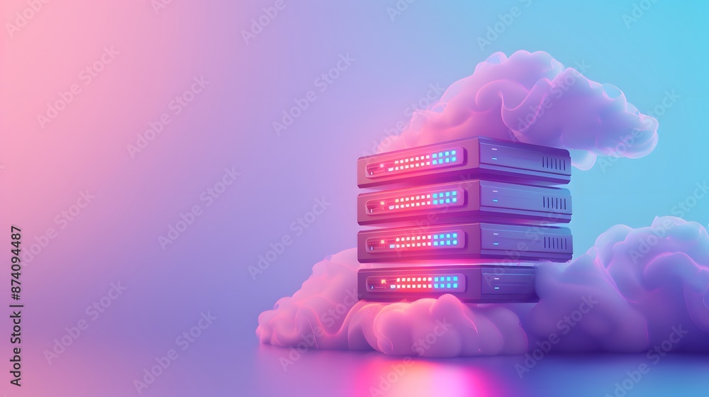 Poster digital cloud storage with neon light data servers in pink and blue hue background, symbolizing mode