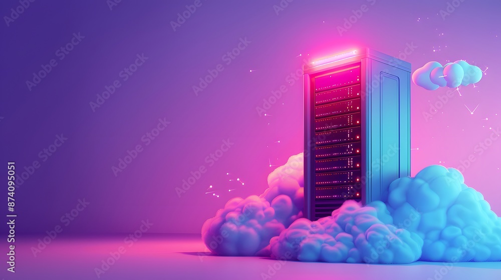 Aufkleber futuristic cloud computing concept with neon-lit server surrounded by clouds in a vibrant, colorful 