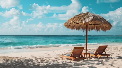 A beach umbrella and lounge chairs on the sandy shore, overlooking the tranquil ocean waves.