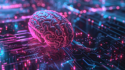 Representation of a neural circuit and electronic cyber brain integrated into a quantum computing system, symbolizing artificial intelligence technology, biotechnology, and machine learning