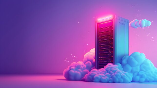 Futuristic cloud computing concept with neon-lit server surrounded by clouds in a vibrant, colorful gradient background.