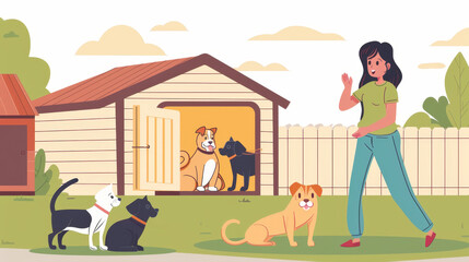 Fototapeta premium Cheerful Woman Greeting Playful Dogs in Sunny Backyard