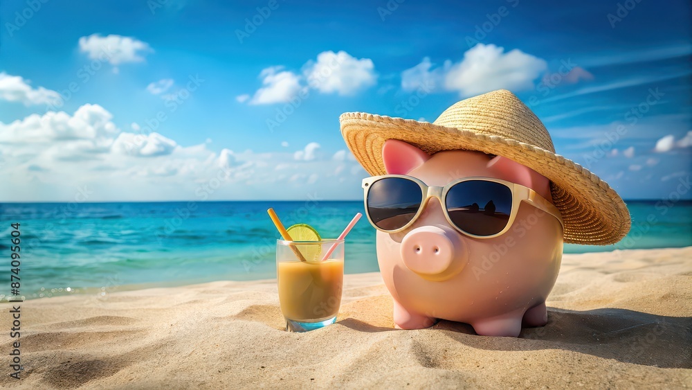 Wall mural A piggy bank wearing sunglasses and a straw hat relaxing on a sandy beach with a tropical drink, vacation, savings