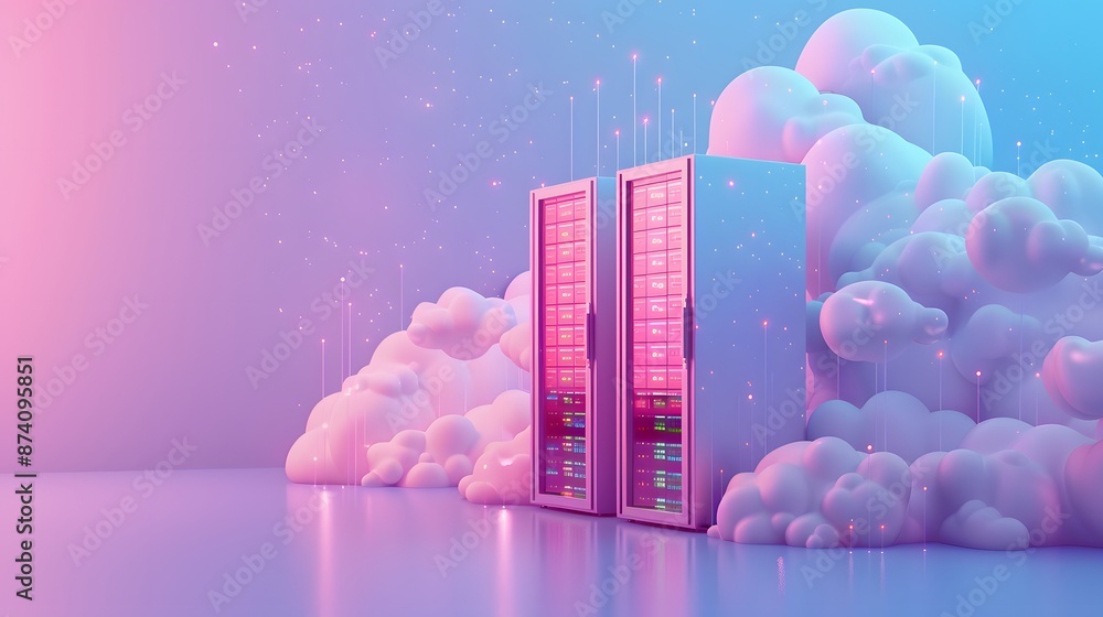 Poster futuristic cloud server with neon lights and digital connections, representing modern cloud computin