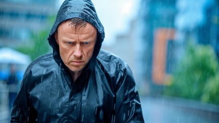 An adult man in a black raincoat, walking briskly in the rain, looking focused.