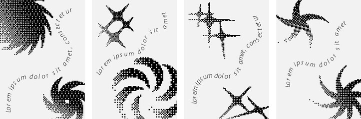 Monochrome retro Y2K brutal posters with abstract vector bitmap effect that imitates pixels. Y2K modern graphic elements and geometric shapes. Vector EPS 10