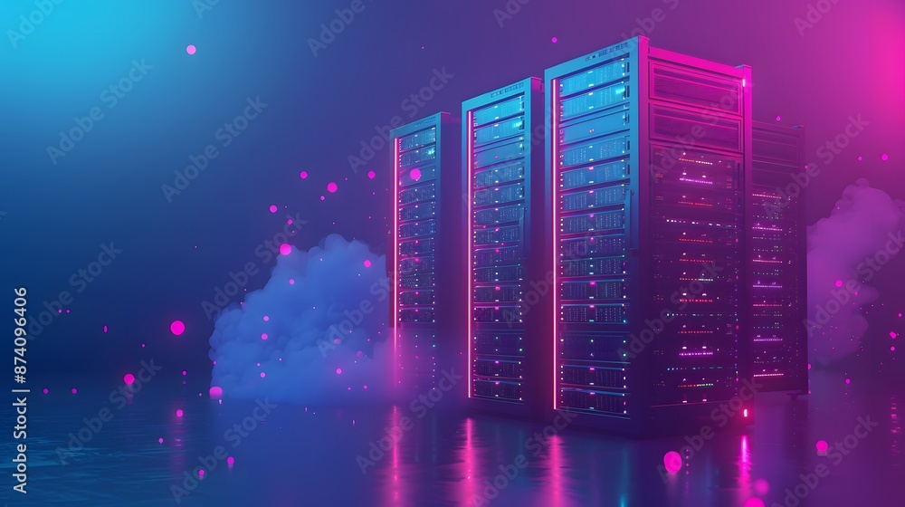 Poster futuristic data center with glowing servers and digital cloud, showcasing advanced technology in a n