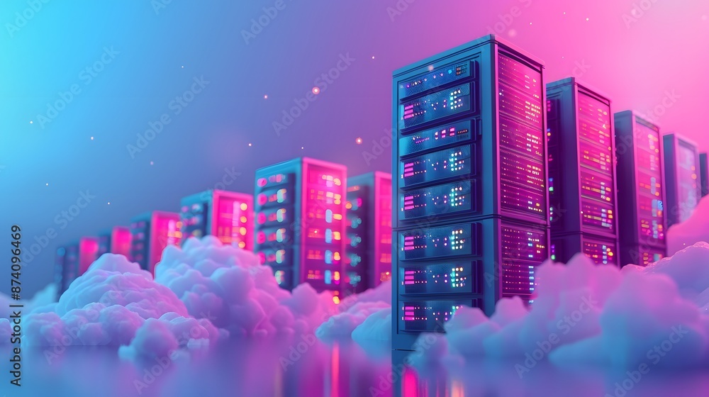 Poster futuristic data center with glowing servers, surrounded by clouds, neon colors creating a surreal di