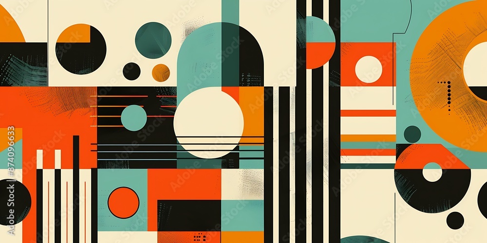 Poster a retro poster with bold geometric shapes and contrasting colors, such as circles, squares and lines