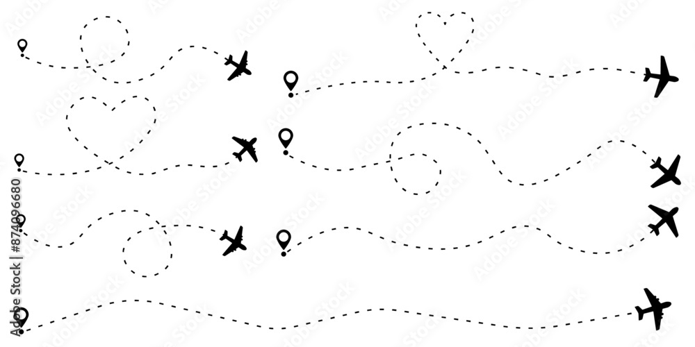 Wall mural airplane line path icon. vector illustration of air plane flight route with the point of location li