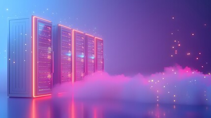 Futuristic data center with neon lights and cloud computing concept. High-tech server room with glowing lights and digital cloud.