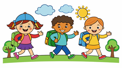 happy little kids going to school color art vector