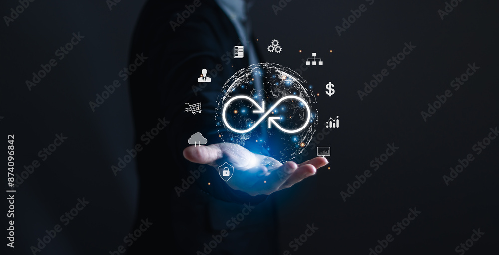 Poster concept of technology data link and virtual global internet connection. businessman's hand holding i