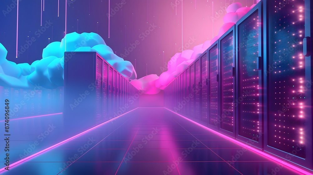 Poster futuristic data center with neon lights, cloud computing technology, and server racks, symbolizing a