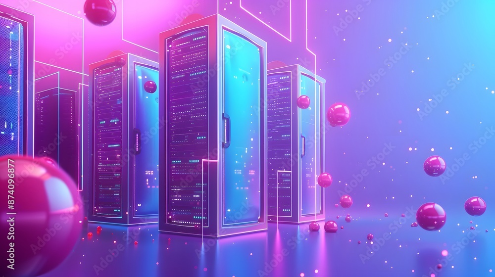 Poster futuristic data center with server racks and digital elements in a colorful neon environment represe
