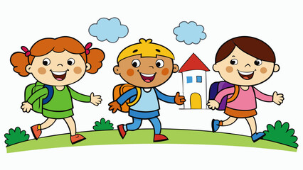 happy little kids going to school color art vector