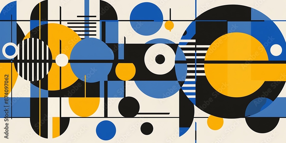 Poster a retro poster with bold geometric shapes and contrasting colors, such as circles, squares and lines