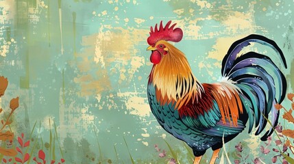 Fototapeta premium Colorful rooster with red comb on green background in countryside farm setting