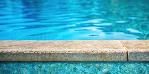 Close-up of serene stone edge of pool with blue water below , pool, edge, close-up, serene, stone, blue water, relaxation