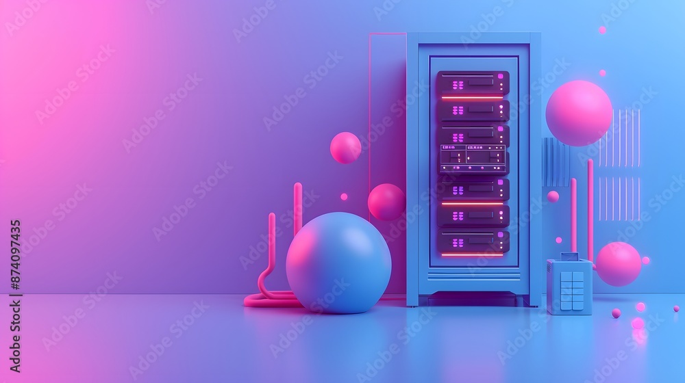 Poster futuristic data server with neon lights and geometric shapes in a modern, minimalistic backdrop for 