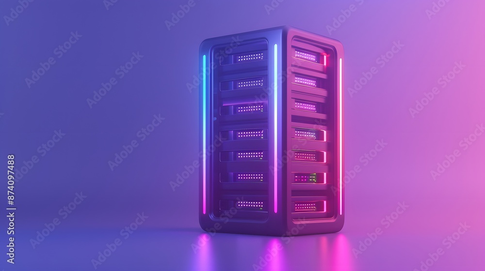 Poster futuristic data server with vibrant neon lights glowing in a modern technology environment, creating
