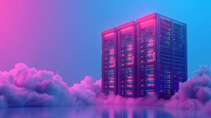Fototapeta premium Futuristic data server with neon lights floating among clouds, symbolizing cloud computing and advanced technology infrastructure.