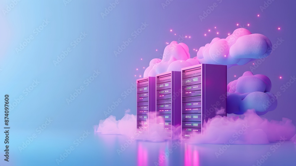 Poster Futuristic data servers in a cloud computing concept, surrounded by fluffy clouds and digital elements, representing modern technology and networking.