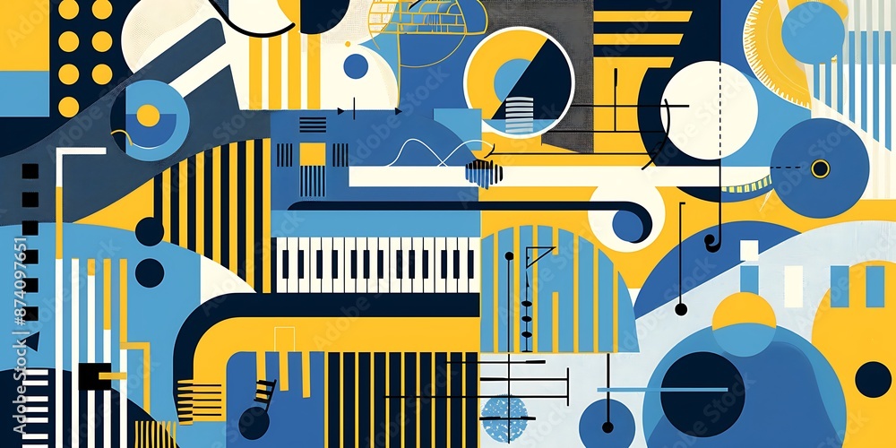 Poster a retro poster with bold geometric shapes and contrasting colors, such as circles, squares and lines