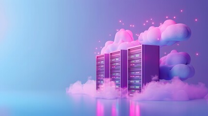 Fototapeta premium Futuristic data servers in a cloud computing concept, surrounded by fluffy clouds and digital elements, representing modern technology and networking.