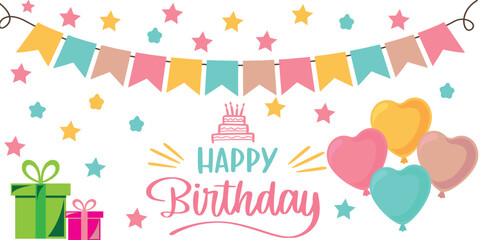 Happy birthday with balloons and stars