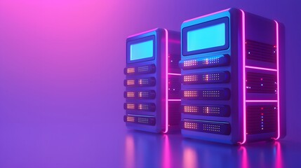 Obraz premium Futuristic glowing server racks in a neon-lit room, showcasing modern technology and data storage solutions in vibrant pink and purple hues.