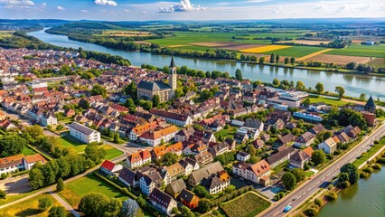 Naklejka premium Aerial view of Rheinsheim , Rhine River, landscape, aerial photography, village, Germany, countryside, perspective, scenic, drone