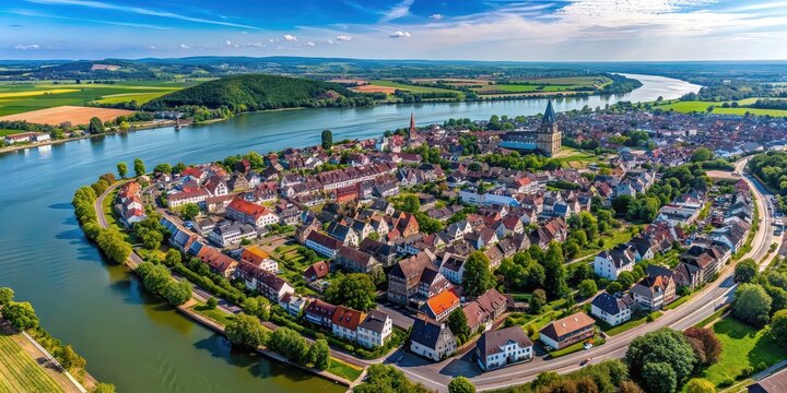 Aerial view of the town of Rheinsheim alongside the Rhine River, aerial view, Rheinsheim, Rhine River, town