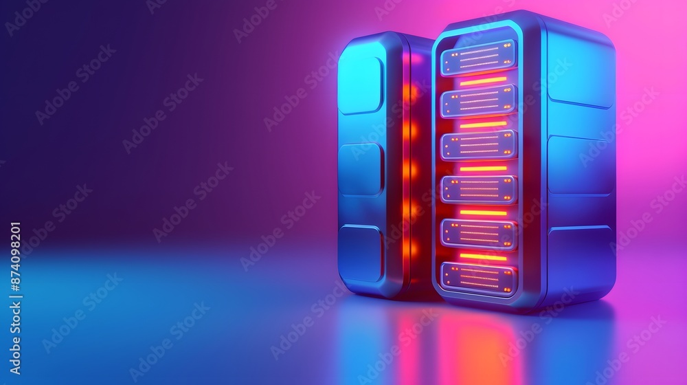 Poster futuristic server hardware with neon lights, symbolizing advanced technology and high-performance da