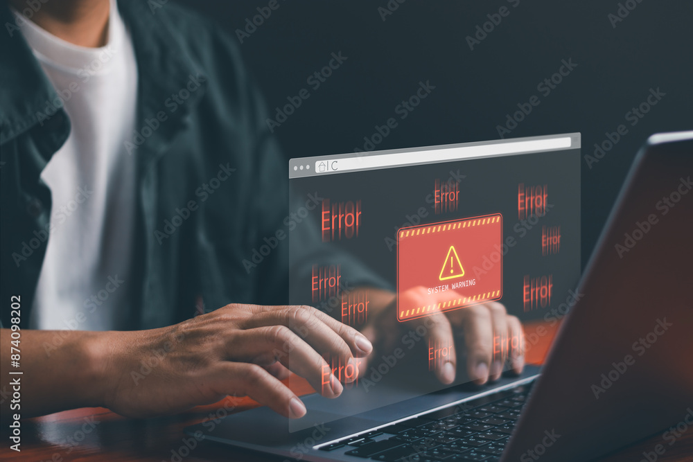 Poster system warning or alert, technology scam, tech crime, developer showing warning about software acces