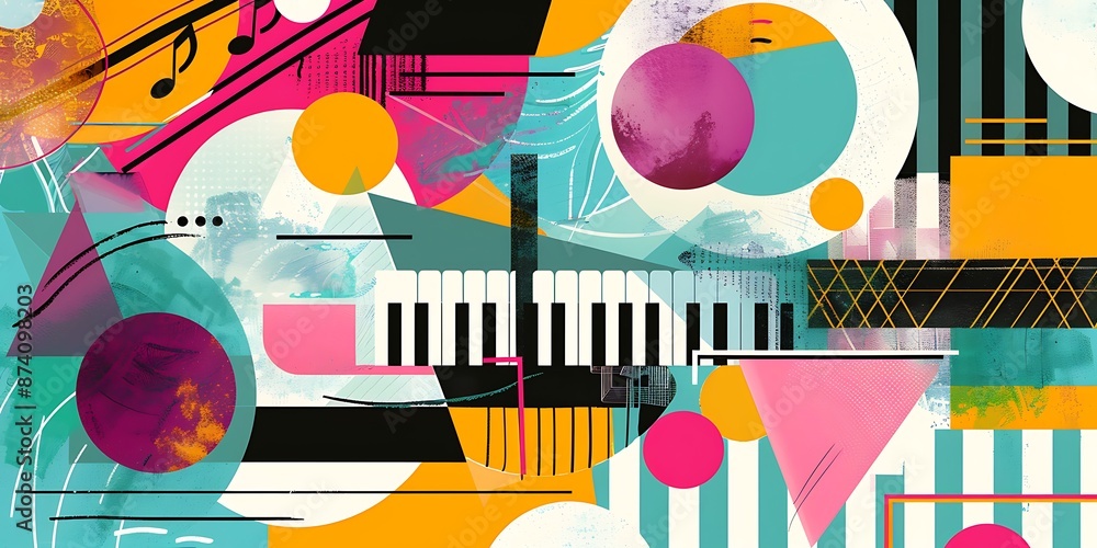 Poster a retro poster with bold geometric shapes and contrasting colors, such as circles, squares and lines