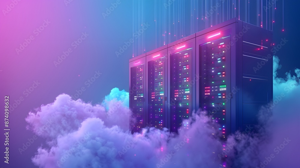 Poster futuristic server racks in a cloud computing data center with vibrant neon lights and misty atmosphe