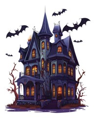 A haunted mansion with bats, Halloween building, vector design, dark and spooky, isolated on white background,