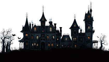 A haunted mansion silhouette, Halloween building, vector art, dark and spooky, isolated on white background,