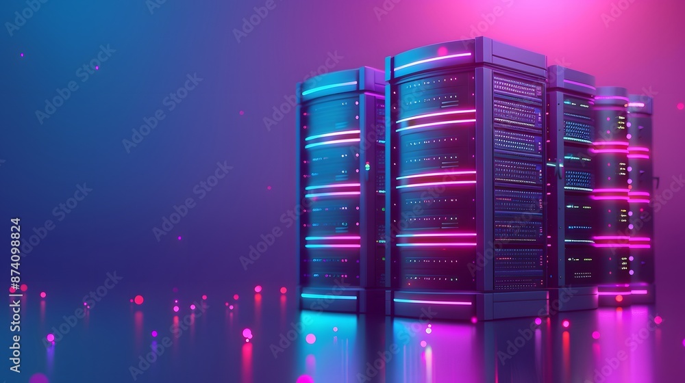 Poster futuristic server racks in neon lighting, showcasing advanced technology and data center infrastruct