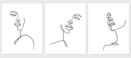 Set of portraits. Simple, minimalist vector illustration of beautiful woman face. Line drawing.