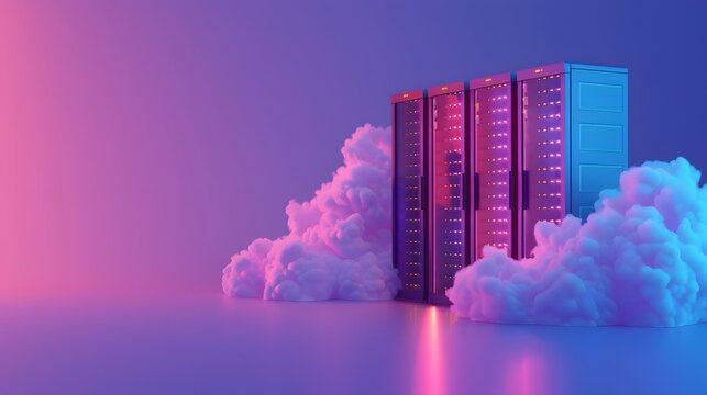Futuristic server racks surrounded by clouds in a neon-lit environment symbolize cloud computing and modern data storage solutions.