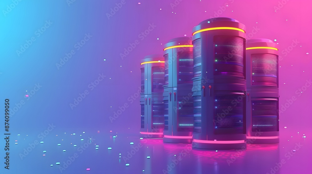 Poster futuristic server racks with vibrant neon lights and abstract digital background, representing advan