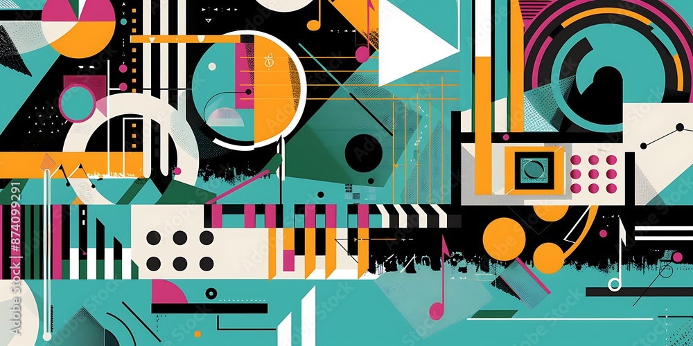 Poster a retro poster with bold geometric shapes and contrasting colors, such as circles, squares and lines