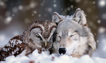 wolf and owl sitting in the snow next to each other. 