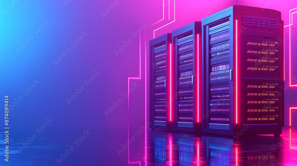 Poster futuristic server room with glowing neon lights and data racks, showcasing advanced technology and d