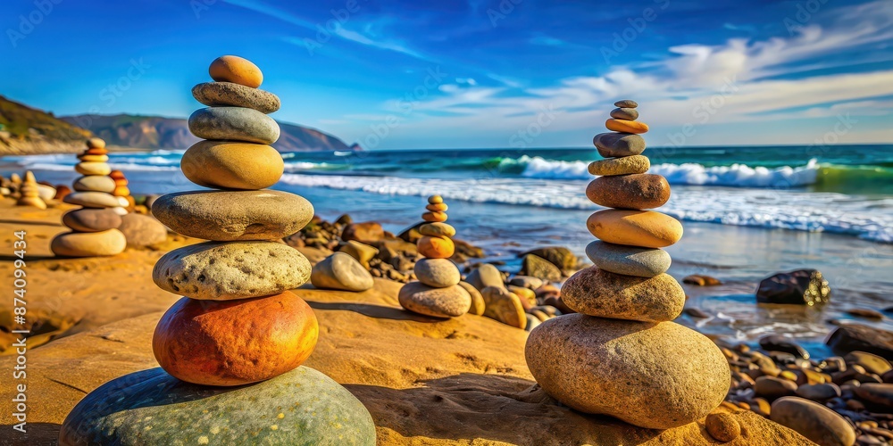 Wall mural Balanced rocks on a beach with ocean and rocky coastline in the background, beach, rocks, balance, nature, tranquil