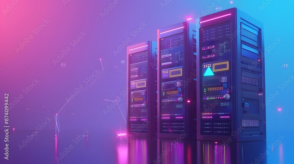 Poster futuristic server room with glowing neon lights and digital elements, representing advanced data tec