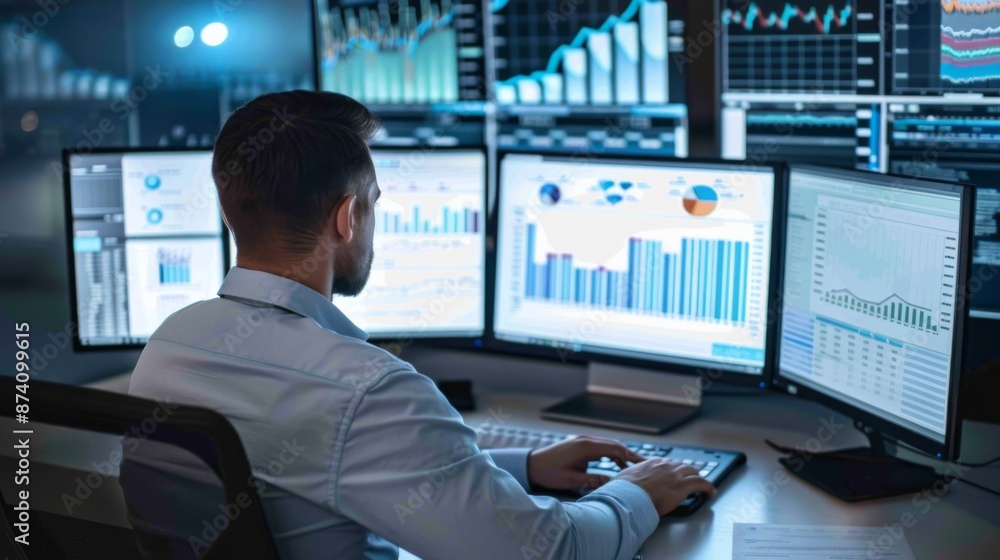 Poster a business analyst studying financial and business graphs on multiple computer screens.