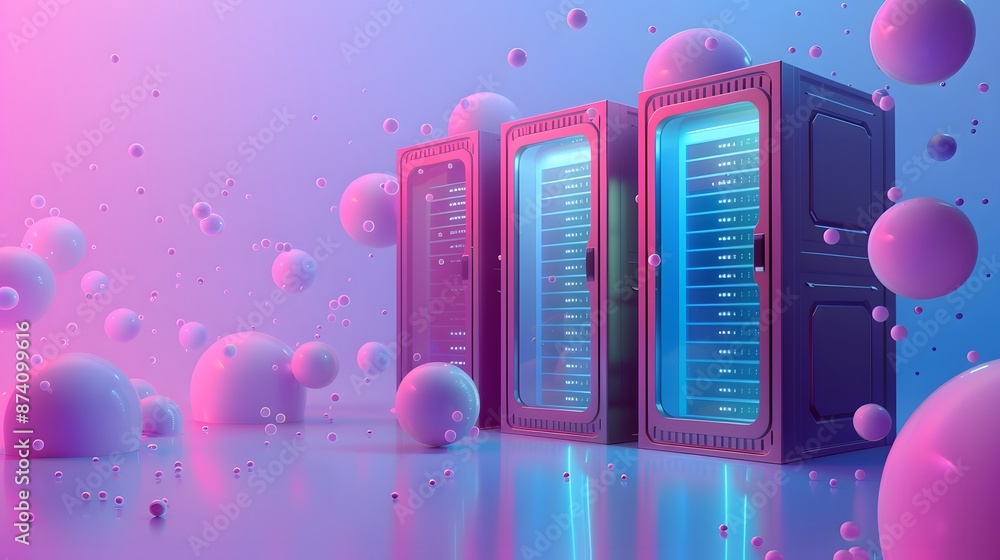 Poster futuristic server room with neon lights and abstract shapes, representing modern technology and data